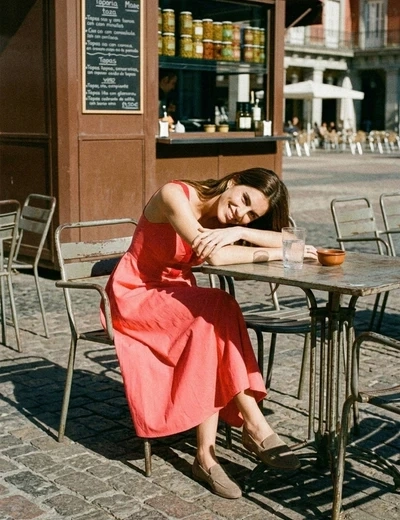 Femme installée à la terrasse d'un bistrot